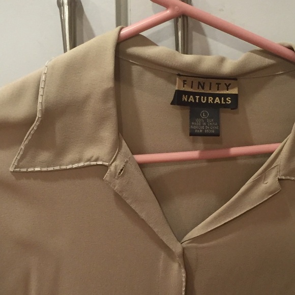 Finity Button Front Silk Blouse with Bead Trimmed Collar - L - Tan -EUC - Picture 2 of 4
